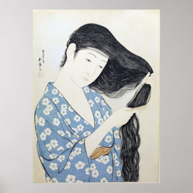 Mujer en azul peinándose el cabello, arte japonés (Frente)