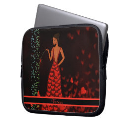 Mujer en bolsa electrónica de vestir rojo
