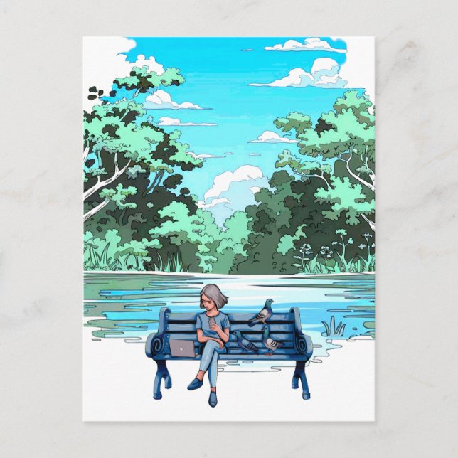 Mujer en el banco con palomas diseñan postal (Anverso)