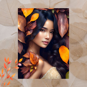 Mujer en hojas de otoño, postal