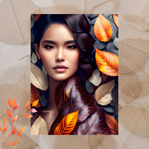 Mujer en hojas de otoño, postal