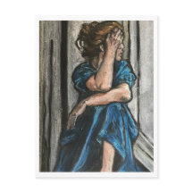 Mujer en postal azul