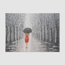 Mujer en rojo camina por el papel del tejido de ni