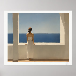 Mujer en terraza con vista al mar Póster