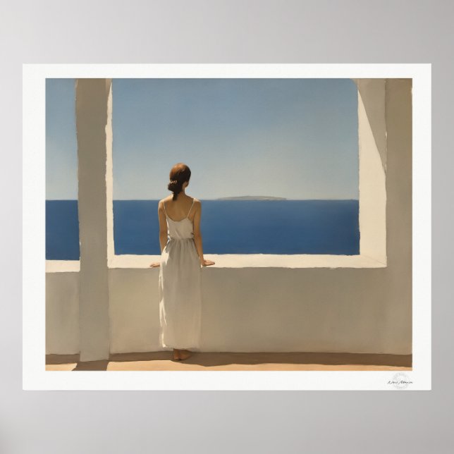 Mujer en terraza con vista al mar Póster (Frente)