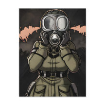 Mujer en una postal de una máscara de gas