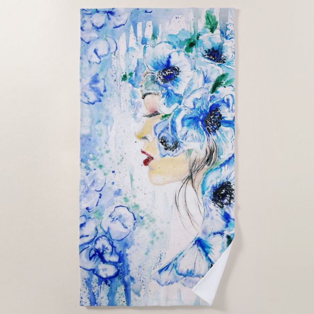Mujer Floral Azul Fantasy Beach Toalla - Pintura (Anverso)