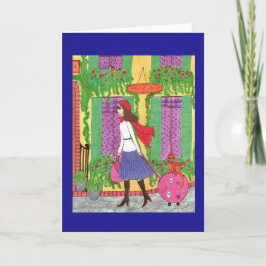 Mujer, gato, maleta, viaje, tarjeta de