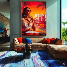 Mujer glamurosa de arte pop al atardecer con vino