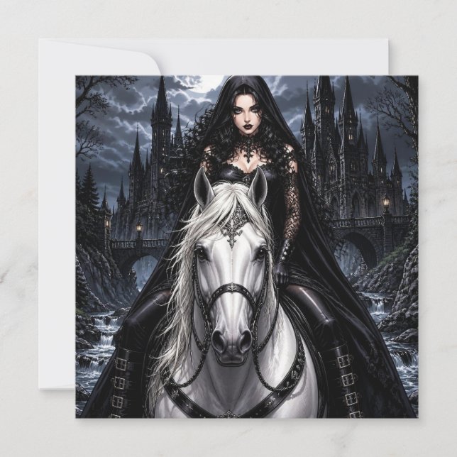 Mujer gótica hermosa en caballo blanco (Anverso)