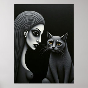 Mujer Gótica y Gato Arte Oscuro Monocromo