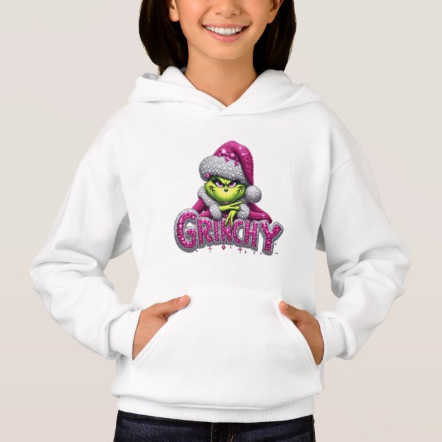 Mujer Grinch — Sudadera con capucha navideña rosa  (Anverso)