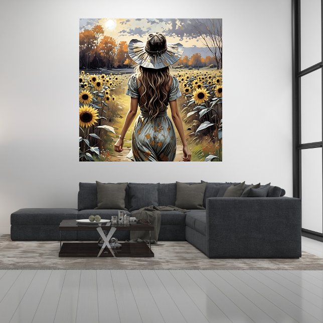 Mujer hermosa caminando entre Posters girasoles (Beautiful Woman Walking Among Sunflowers Poster Mockup 1)