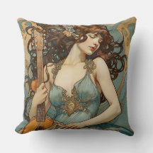 Mujer Hermosa Con Almohada De Guitarra Art Nouveau
