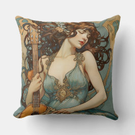 Mujer Hermosa Con Almohada De Guitarra Art Nouveau
