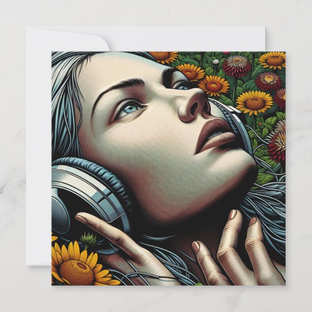 Mujer hermosa con audífonos en girasoles (Anverso)
