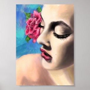 Mujer Hermosa con Rosa Roja - Arte de Pintura Orig