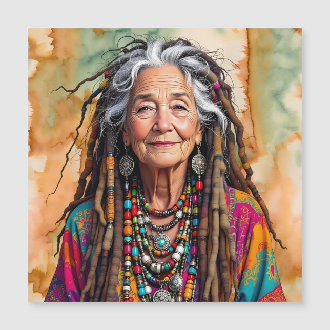 Mujer hippie anciana genial con rastas  (Anverso)
