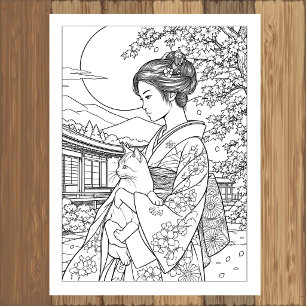 Mujer Japonesa con Póster para Colorear de Gato