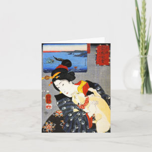 Mujer Kuniyoshi con tarjeta de gato