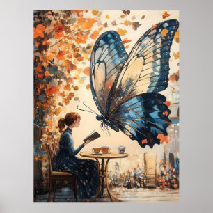 Mujer leyendo con arte abstracto de mariposa gigan
