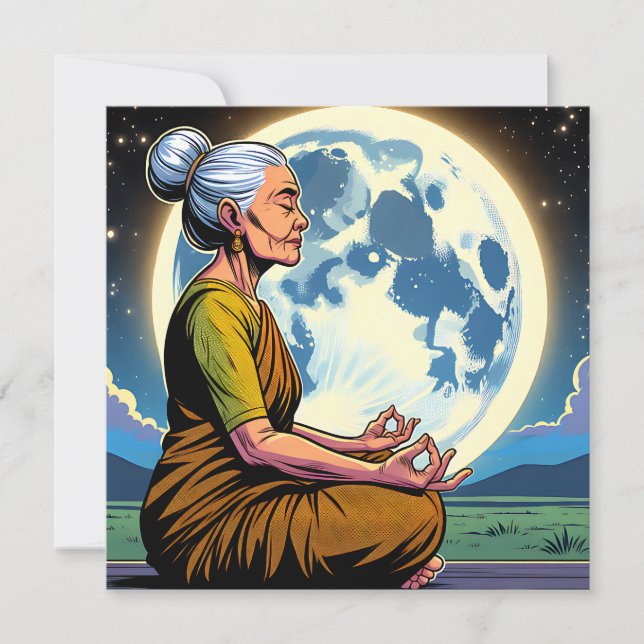 Mujer mayor meditando bajo la luna (Anverso)