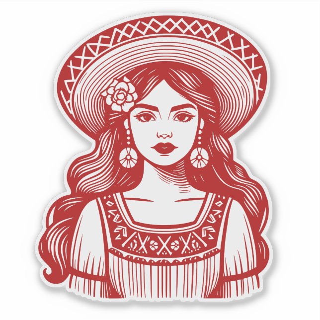 Mujer Mexicana Línea mínima Pegatina rojo (Anverso)