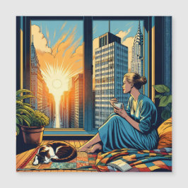 Mujer mirando por la ventana bebiendo café