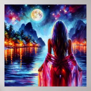 Mujer mística bajo el arte de reflejos de luna lle