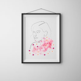 Mujer moderna con flores rosas y arte de línea