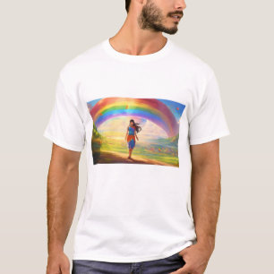 Mujer moderna detrás de la camiseta arcoiris