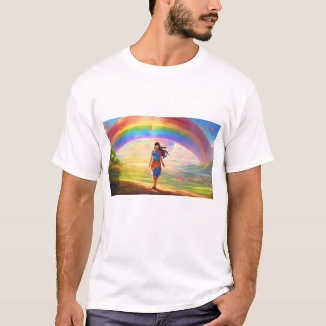Mujer moderna detrás de la camiseta arcoiris (Anverso)
