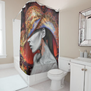 Mujer moderna pintada con una cortina de ducha de
