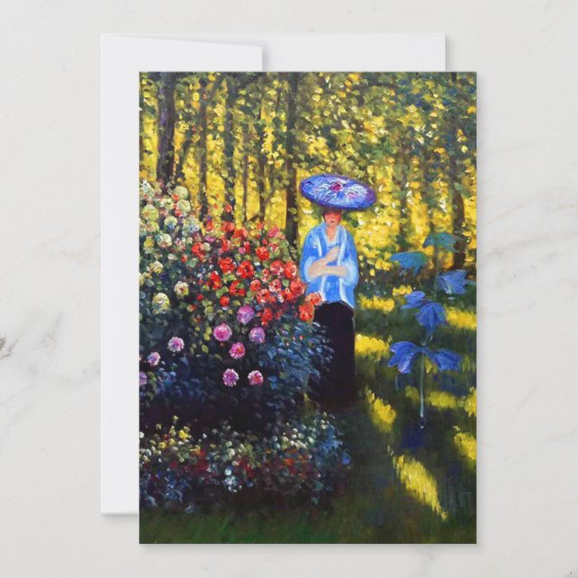 Mujer Monet con tarjeta de sombrilla en jardín (Anverso)