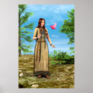 Mujer Nativa Americana Arte de Bosque y Pájaro
