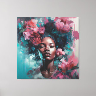 Mujer negra africana con flores y arte en la pared