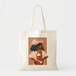 Mujer negra, bikini blanco, bolsa para vacaciones 