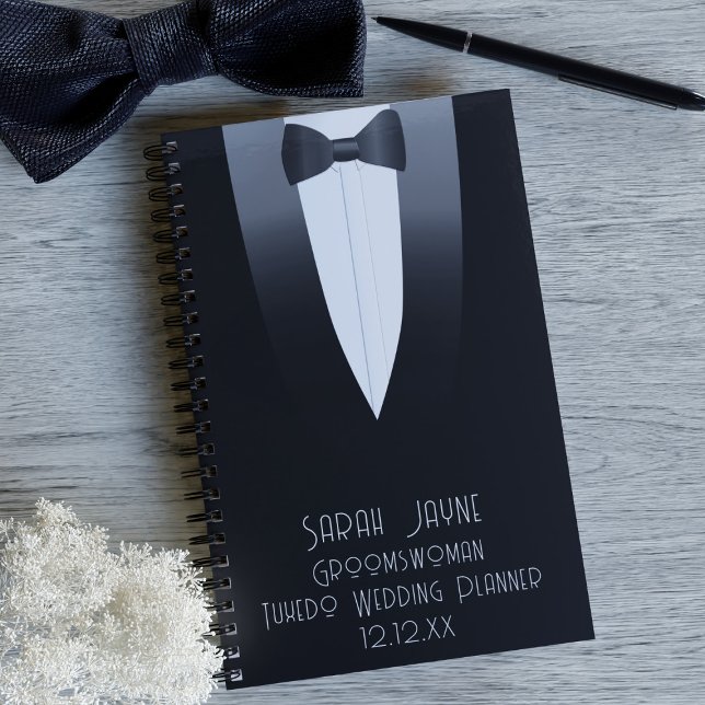 Mujer negra en el esmoquín, planificador de bodas  (Add your Groomswoman's name and your wedding date. Makes a useful wedding favor for her)