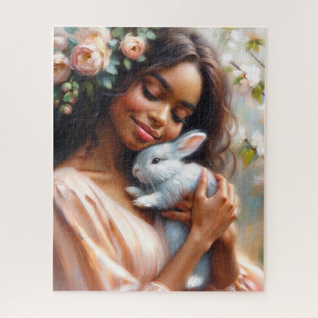 Mujer Negra Serena con Rompecabezas de Arte Floral (Vertical)