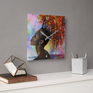 Mujer otoño sintiendo reloj de pared - pintura