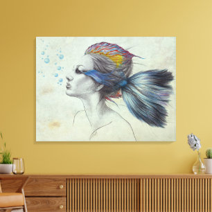 Mujer pez Sirena retrato Dibujo surrealista arte