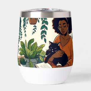 Mujer relajándose con su gato, libro y plantas