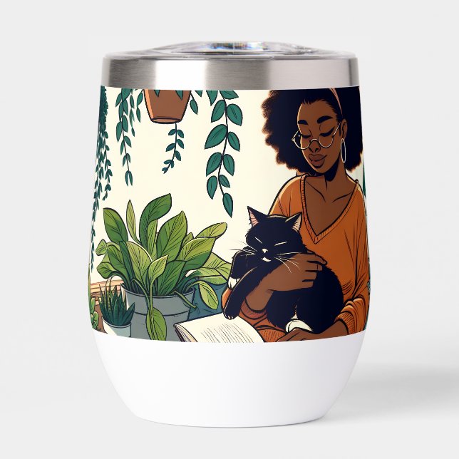 Mujer relajándose con su gato, libro y plantas (Frente)