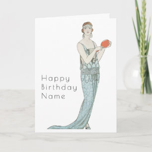 Mujer retro con tarjeta de cumpleaños estilo Art D