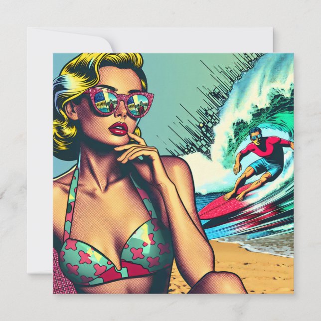 Mujer retro rubia y hombre surfista (Anverso)