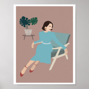 Mujer Retro Silla de Brazo Vestido Azul Arte Monst
