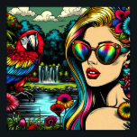 Mujer retro y loro en el arte pop del parque<br><div class="desc">Arte retro de arte pop estilo cómic arte hermosa mujer con gafas de sol en un jardín de flores con cascada con un loro bonito y colorido junto a ella. Está rodeada de naturaleza,  un estanque y flores.</div>