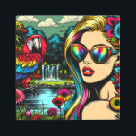 Mujer retro y loro en el arte pop del parque<br><div class="desc">Arte retro de arte pop estilo cómic arte hermosa mujer con gafas de sol en un jardín de flores con cascada con un loro bonito y colorido junto a ella. Está rodeada de naturaleza,  un estanque y flores.</div>