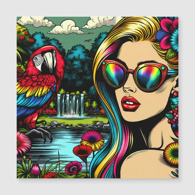 Mujer Retro y Loro en el Parque Pop Art (Anverso)