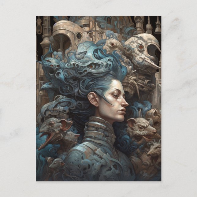 Mujer rodeada de monstruos Postales de arte surrea (Anverso)
